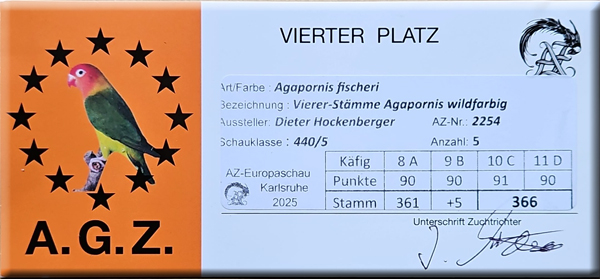 Ein Erberköpfchen im Sternenrahmen links, rechts daneben die Bewertungstafel mit Klasse, Aussteller, Punktzahl und Unterschrift des Zuchtrichters.