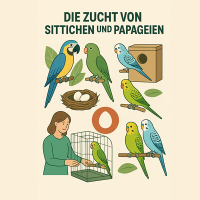 Verschiedene Sittiche und Papageien mit Nistkasten, Nest mit zwei Eiern und Vogel im offenen Käfig – Symbolbild zur Zucht.