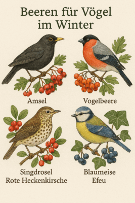 Bild zeigt eine liebevoll gestaltete Illustration mit heimischen Vogelarten wie Amsel, Dompfaff, Singdrossel und Blaumeise, die sich an typischen Winterbeeren wie Weißdorn, Vogelbeere, Heckenkirsche und Efeu bedienen. Die Darstellung ist nicht nur ästhetisch, sondern auch lehrreich – perfekt für Naturfreunde oder als Infomaterial für den Garten.
