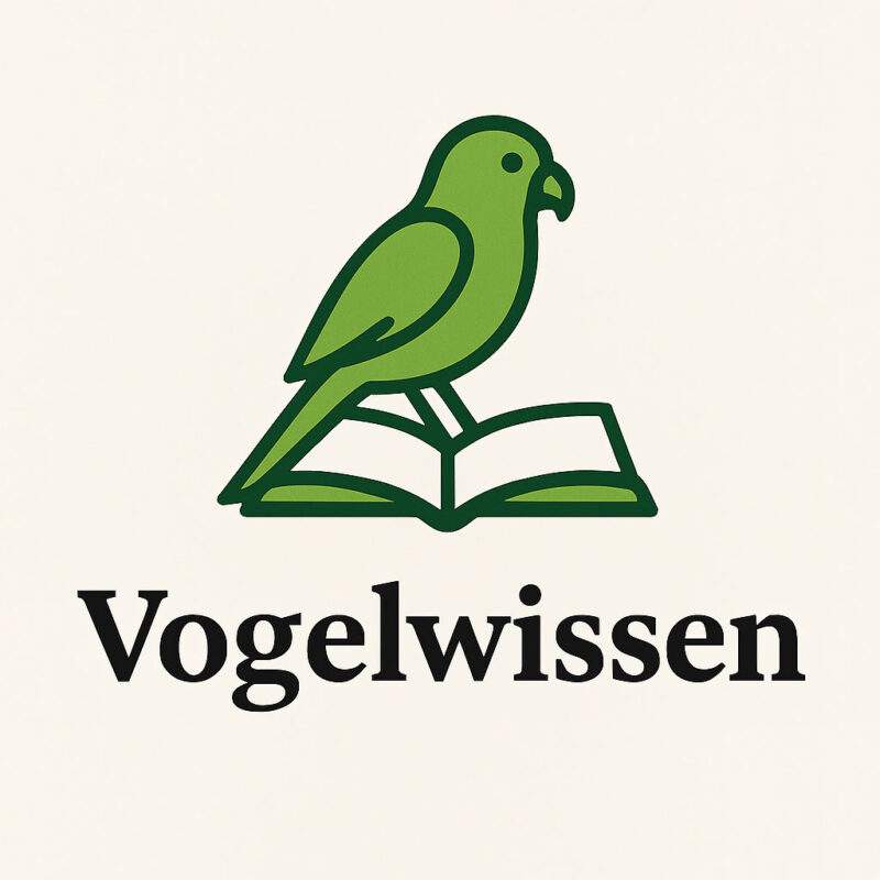 Es zeigt einen stilisierten grünen Papagei, der auf einem offenen Buch sitzt – schlicht und elegant.