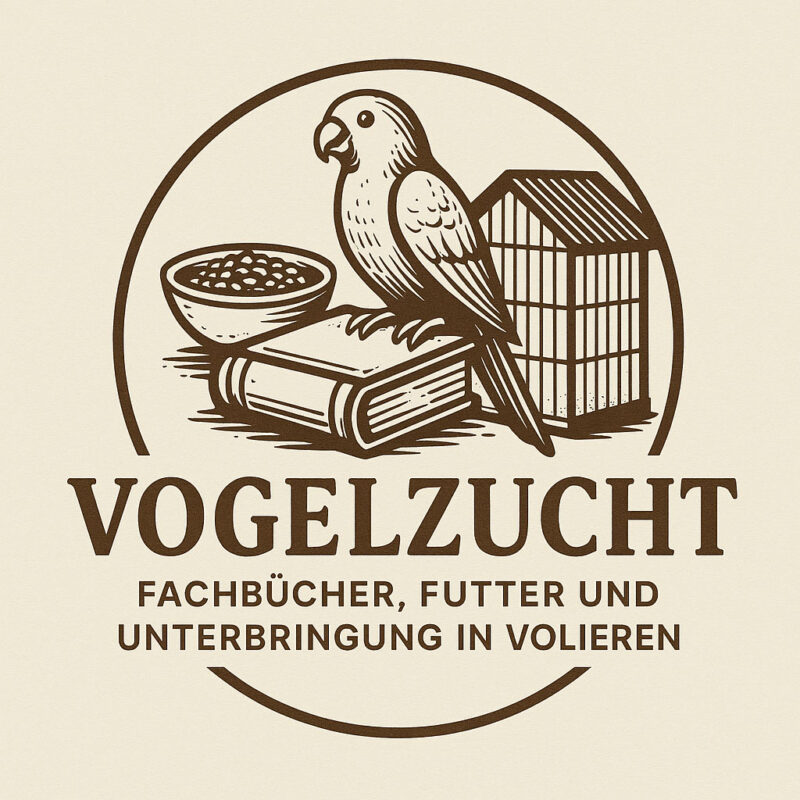 Logo zur Vogelzucht mit einem stilisierten Papagei, der auf einem Buch sitzt. Links daneben steht ein Futternapf mit Körnern, rechts eine Voliere mit Gitterstruktur und Dach. Darunter der Schriftzug ‚VOGELZUCHT‘ in klassischer Serifenschrift, ergänzt durch die Unterzeile ‚Fachbücher, Futter und Unterbringung in Volieren‘ in moderner Sans-Serif-Typografie. Das gesamte Design ist in Braun auf hellem Hintergrund gehalten und von einem Kreis eingerahmt.