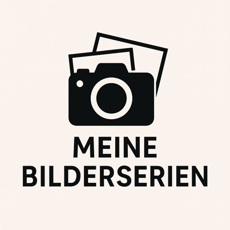 Schwarz-weißes Logo mit stilisierter Kamera und zwei überlappenden Bilderrahmen, darunter der Schriftzug ‚MEINE BILDERSERIEN‘ in klarer, moderner Schrift.