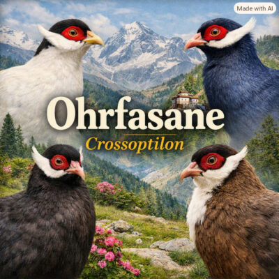 Vier Ohrfasan‑Arten der Gattung Crossoptilon vor alpiner Berglandschaft, rund um den Titel „Ohrfasane – Crossoptilon“ angeordnet.