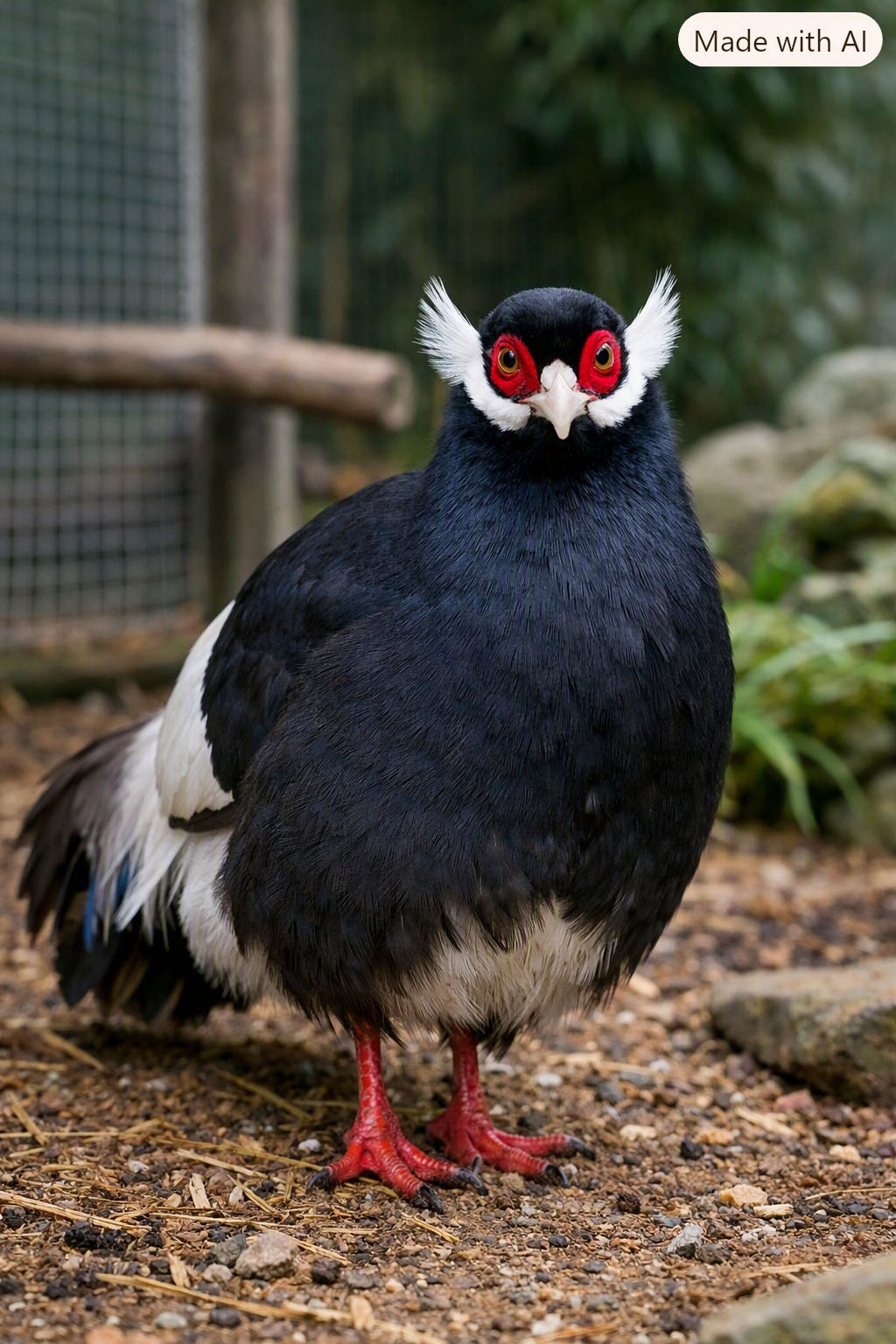 Tibetohrfasan (Crossoptilon harmani) steht aufmerksam in seiner Voliere und blickt direkt in die Kamera.