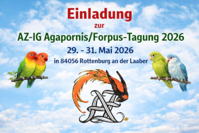 Bild mit dem AZ‑Logo unten mittig, dem Einladungstext zur AZ‑IG Agapornis/Forpus‑Tagung 2026 oben zentriert sowie zwei Agaporniden links und zwei Forpus‑Arten rechts.