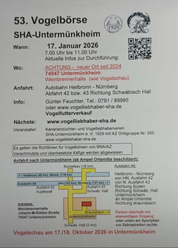 Infobild zur Vogelbörse der Vogelfreunde Schwäbisch Hall