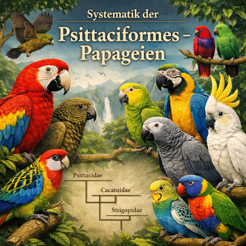 Illustration verschiedener Papageienarten aus aller Welt zur Darstellung der Systematik der Psittaciformes mit taxonomischer Einordnung.
