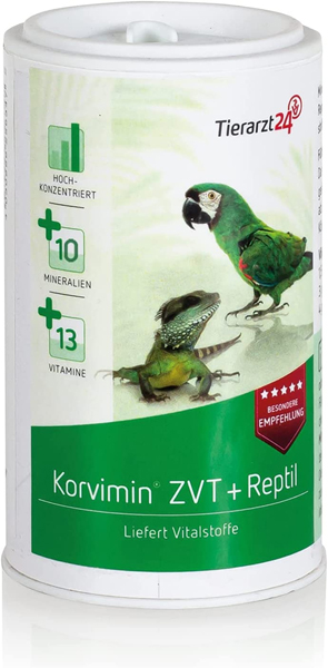 Tierarzt24 KORVIMIN ZVT & REPTIL bietet die optimale Nährstoffversorgung für Ziervögel, Tauben & Reptilien - Zur kurzfristigen Vitamin- und Mineralstoffversorgung. Weltweit im Einsatz - 50 g