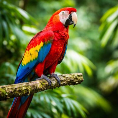 Bunter Ara Papagei mit rotem, blauem und gelbem Gefieder sitzt auf einem Ast im tropischen Regenwald.